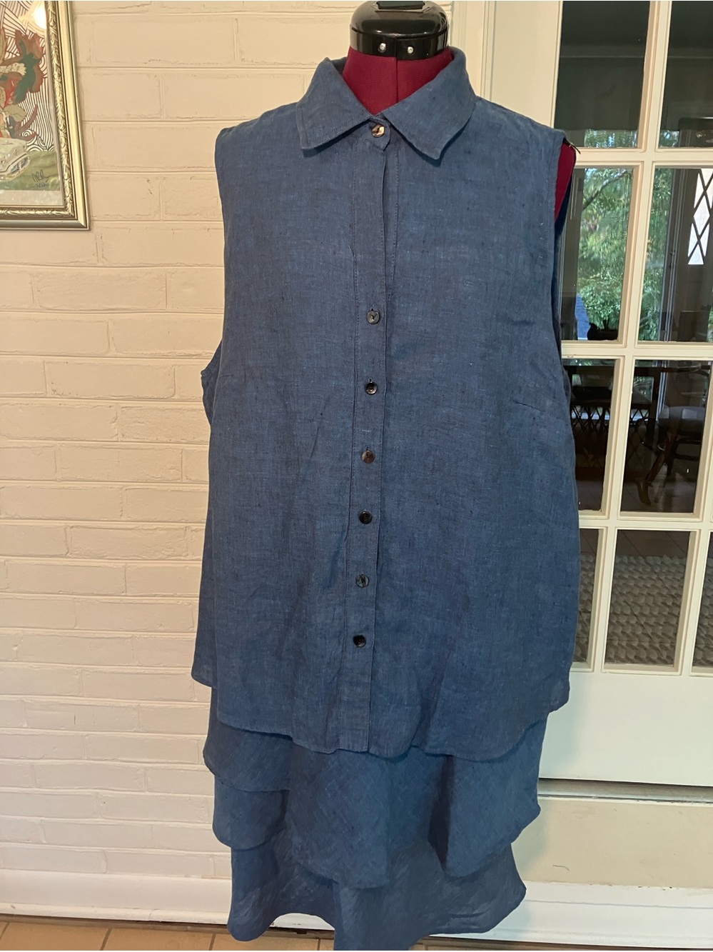 Finley Jasmine Sleeveless Blue Linen Shirt Dress Tiered Ruffle Hem Size XL
